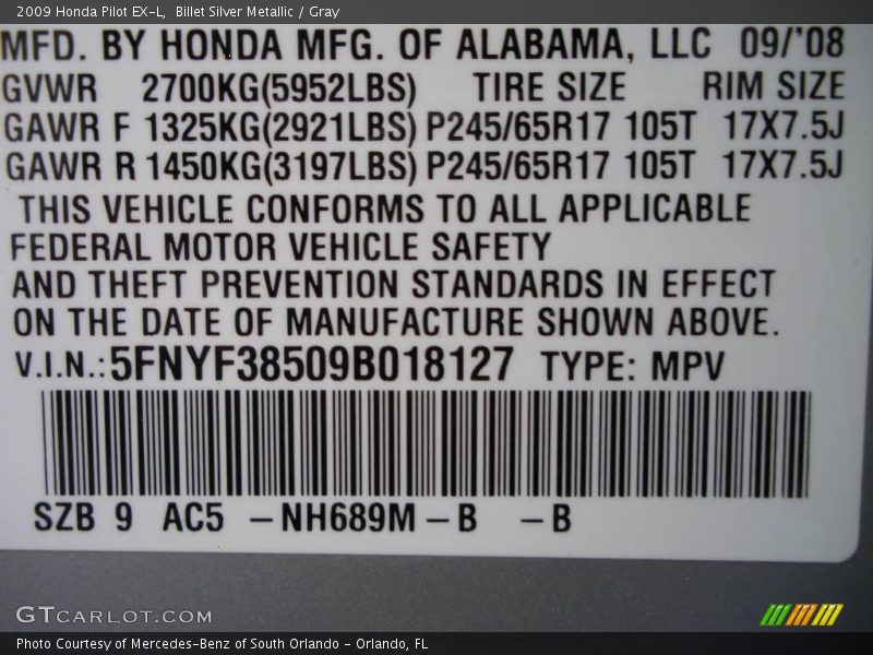 Billet Silver Metallic / Gray 2009 Honda Pilot EX-L