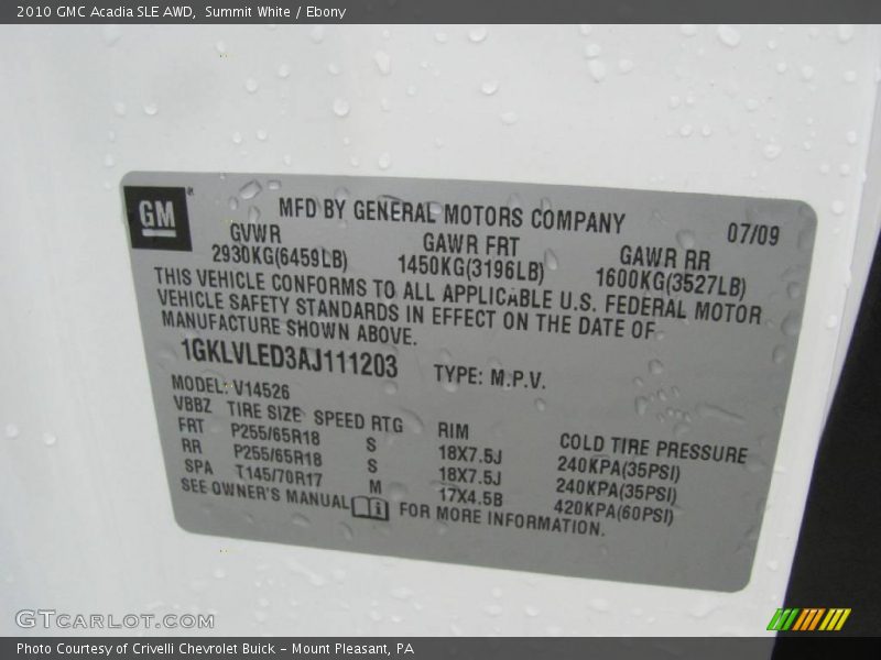 Summit White / Ebony 2010 GMC Acadia SLE AWD