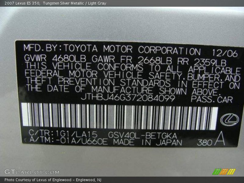 Tungsten Silver Metallic / Light Gray 2007 Lexus ES 350