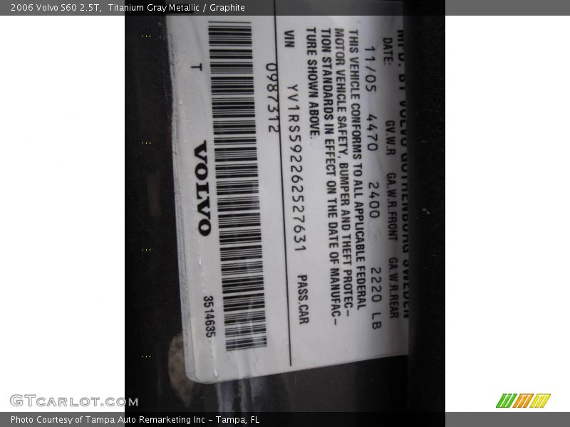 Titanium Gray Metallic / Graphite 2006 Volvo S60 2.5T