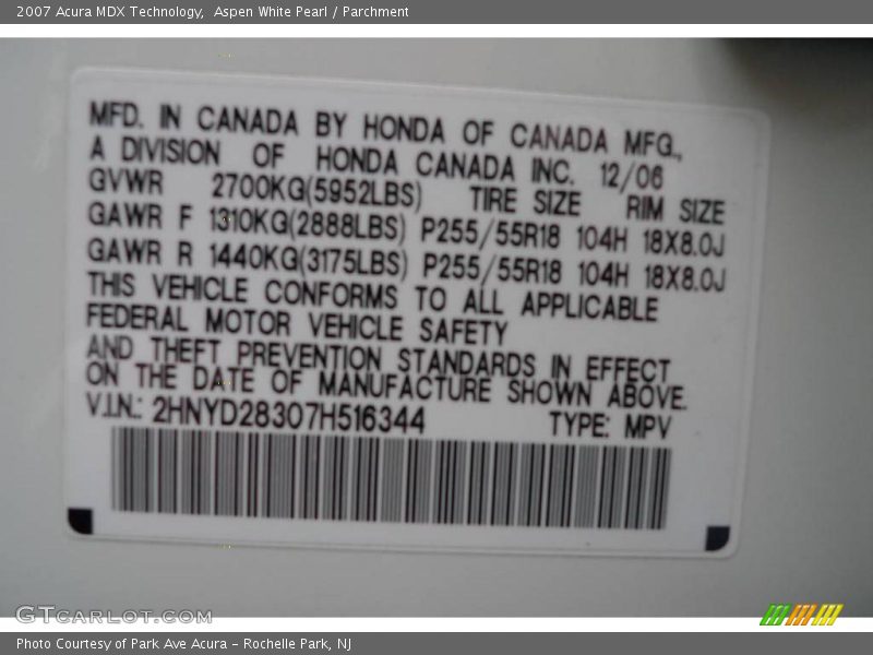 Aspen White Pearl / Parchment 2007 Acura MDX Technology