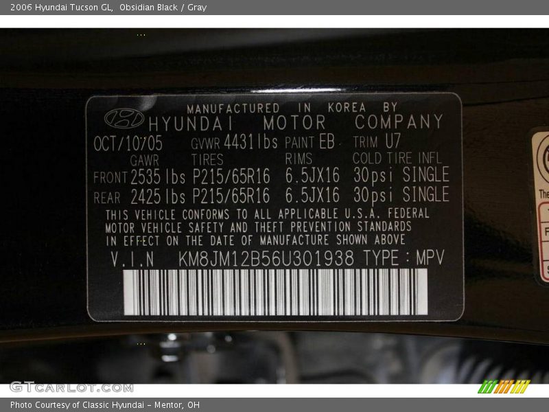 Obsidian Black / Gray 2006 Hyundai Tucson GL