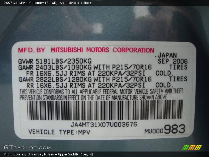 Aqua Metallic / Black 2007 Mitsubishi Outlander LS 4WD