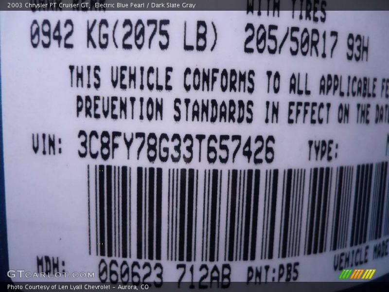 Electric Blue Pearl / Dark Slate Gray 2003 Chrysler PT Cruiser GT
