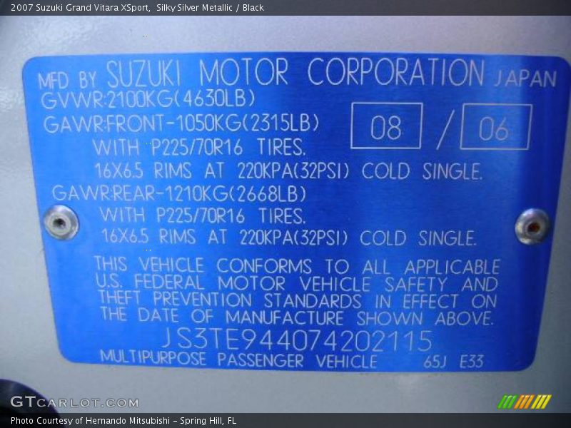 Silky Silver Metallic / Black 2007 Suzuki Grand Vitara XSport