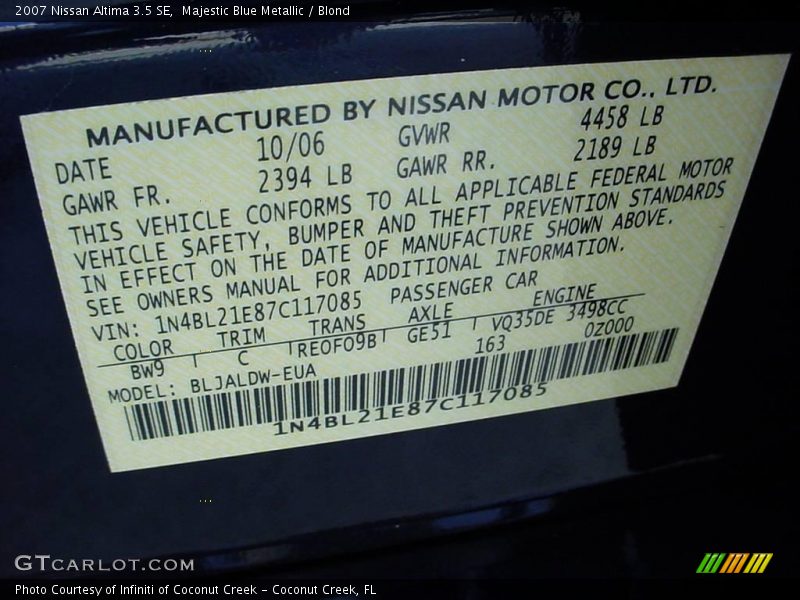 Majestic Blue Metallic / Blond 2007 Nissan Altima 3.5 SE