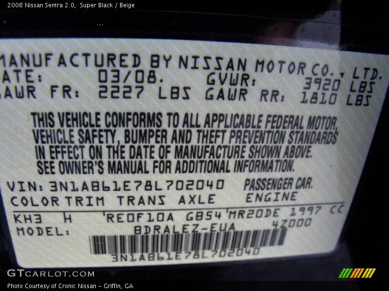 Super Black / Beige 2008 Nissan Sentra 2.0
