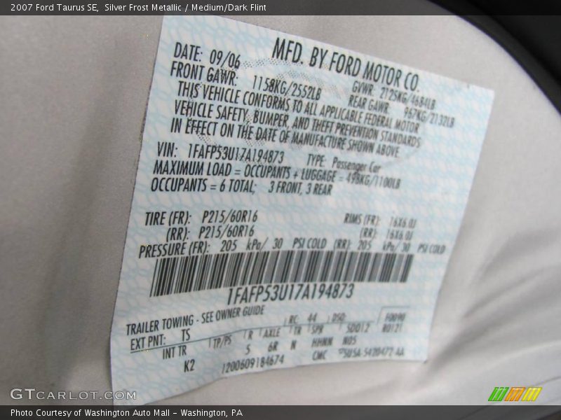 Silver Frost Metallic / Medium/Dark Flint 2007 Ford Taurus SE