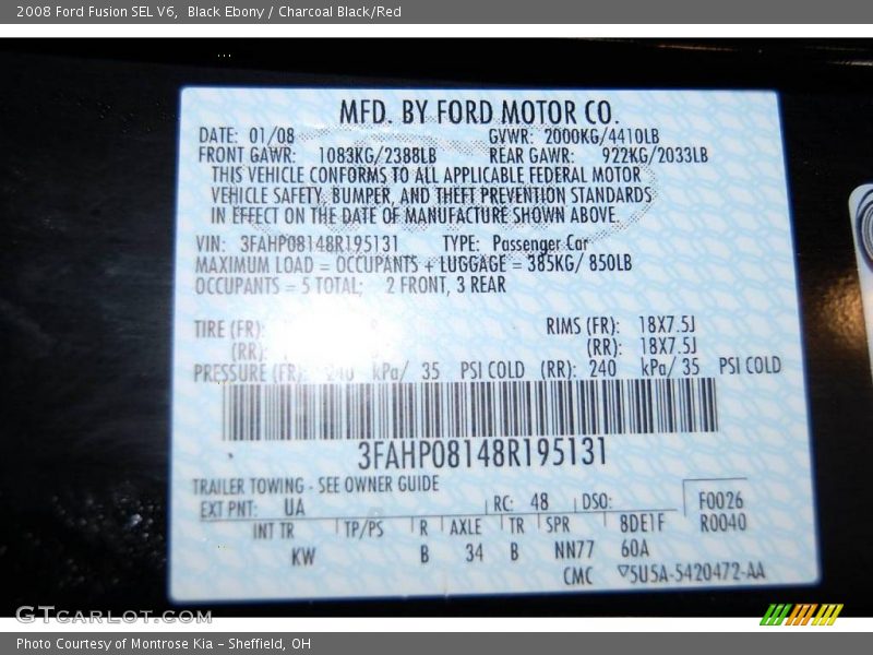Black Ebony / Charcoal Black/Red 2008 Ford Fusion SEL V6