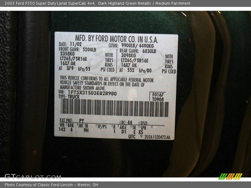 Dark Highland Green Metallic / Medium Parchment 2003 Ford F350 Super Duty Lariat SuperCab 4x4