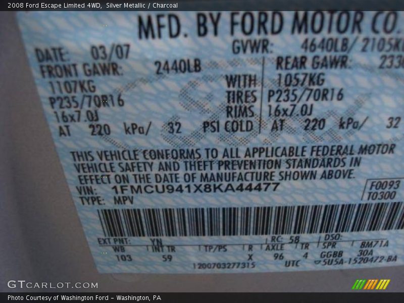 Silver Metallic / Charcoal 2008 Ford Escape Limited 4WD