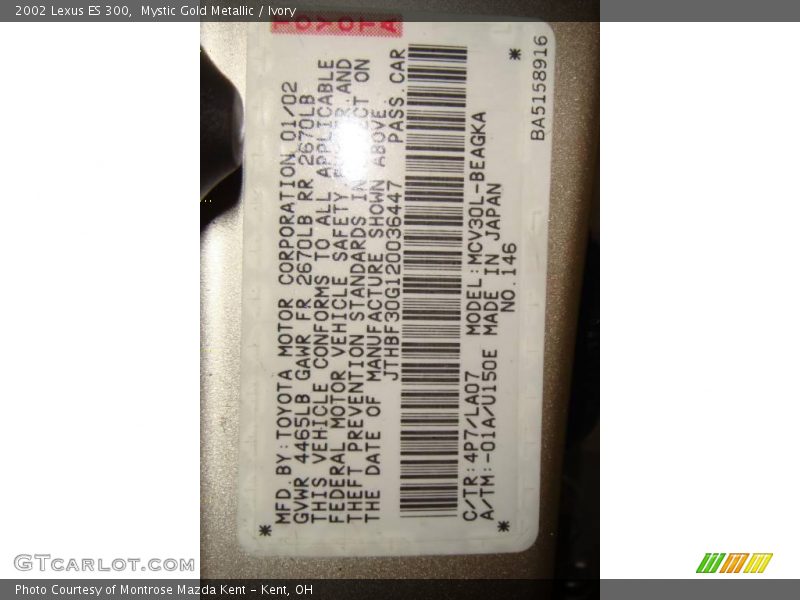 Mystic Gold Metallic / Ivory 2002 Lexus ES 300