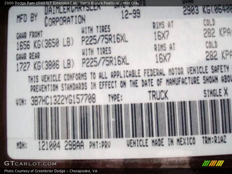 Sierra Bronze Pearlcoat / Mist Gray 2000 Dodge Ram 1500 SLT Extended Cab