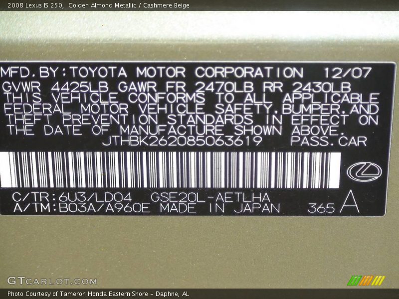 Golden Almond Metallic / Cashmere Beige 2008 Lexus IS 250