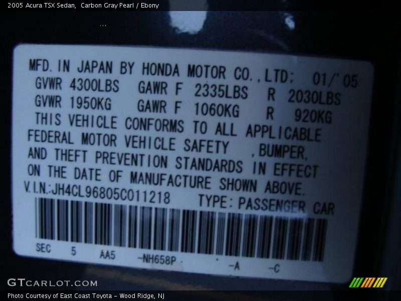 Carbon Gray Pearl / Ebony 2005 Acura TSX Sedan