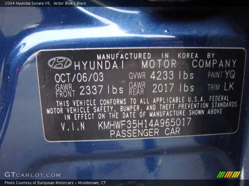 Ardor Blue / Black 2004 Hyundai Sonata V6