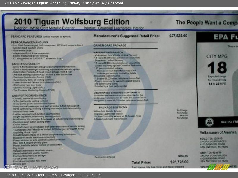 Candy White / Charcoal 2010 Volkswagen Tiguan Wolfsburg Edition