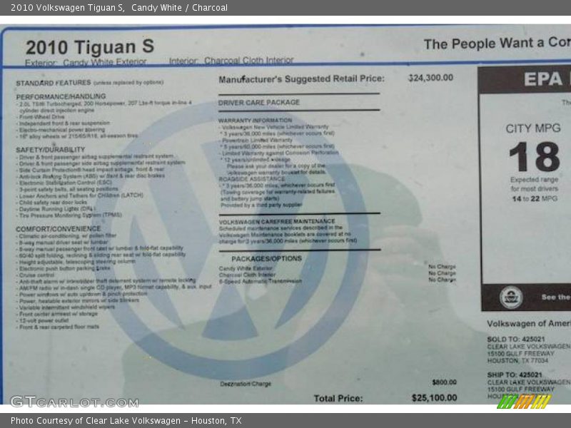 Candy White / Charcoal 2010 Volkswagen Tiguan S