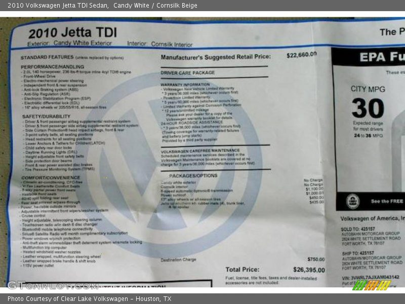 Candy White / Cornsilk Beige 2010 Volkswagen Jetta TDI Sedan