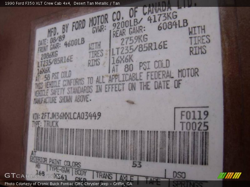 Desert Tan Metallic / Tan 1990 Ford F350 XLT Crew Cab 4x4