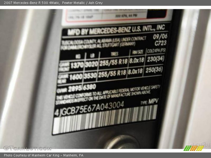Pewter Metallic / Ash Grey 2007 Mercedes-Benz R 500 4Matic