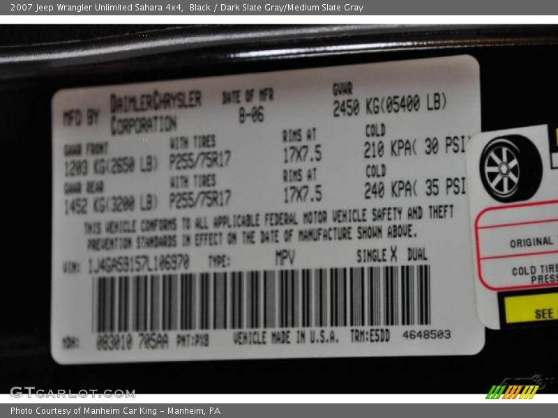 Black / Dark Slate Gray/Medium Slate Gray 2007 Jeep Wrangler Unlimited Sahara 4x4