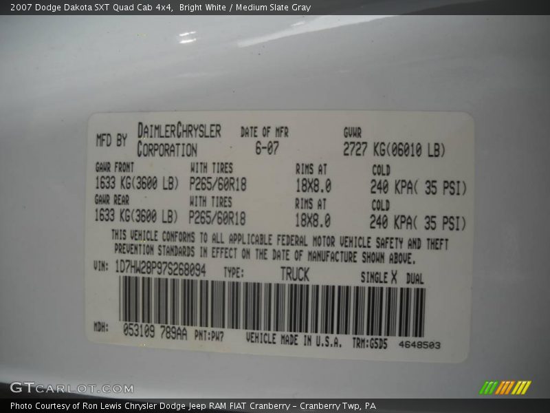 Bright White / Medium Slate Gray 2007 Dodge Dakota SXT Quad Cab 4x4