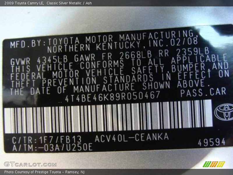 Classic Silver Metallic / Ash 2009 Toyota Camry LE