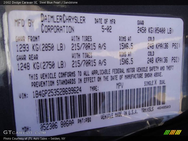 2002 Caravan SE Steel Blue Pearl Color Code PBQ