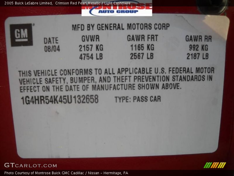 Crimson Red Pearl Metallic / Light Cashmere 2005 Buick LeSabre Limited