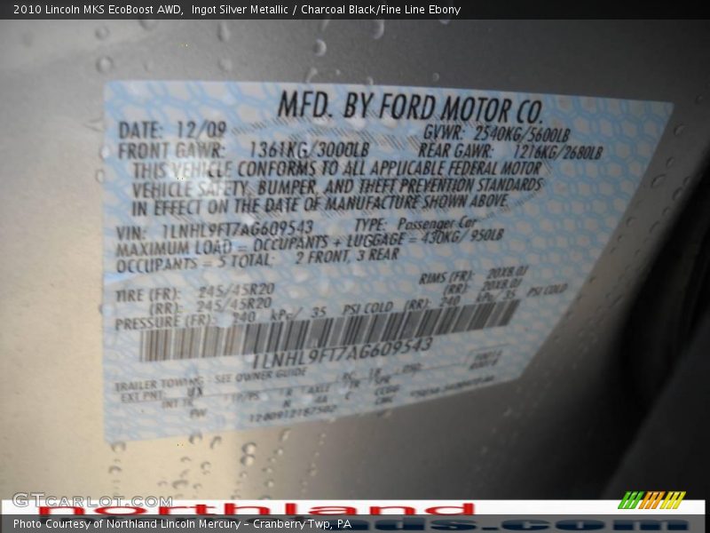 Ingot Silver Metallic / Charcoal Black/Fine Line Ebony 2010 Lincoln MKS EcoBoost AWD
