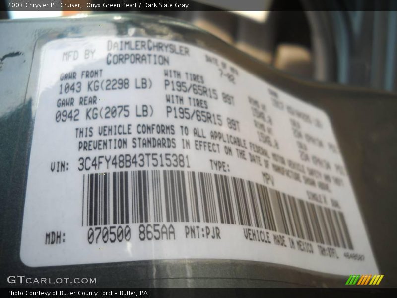 Onyx Green Pearl / Dark Slate Gray 2003 Chrysler PT Cruiser