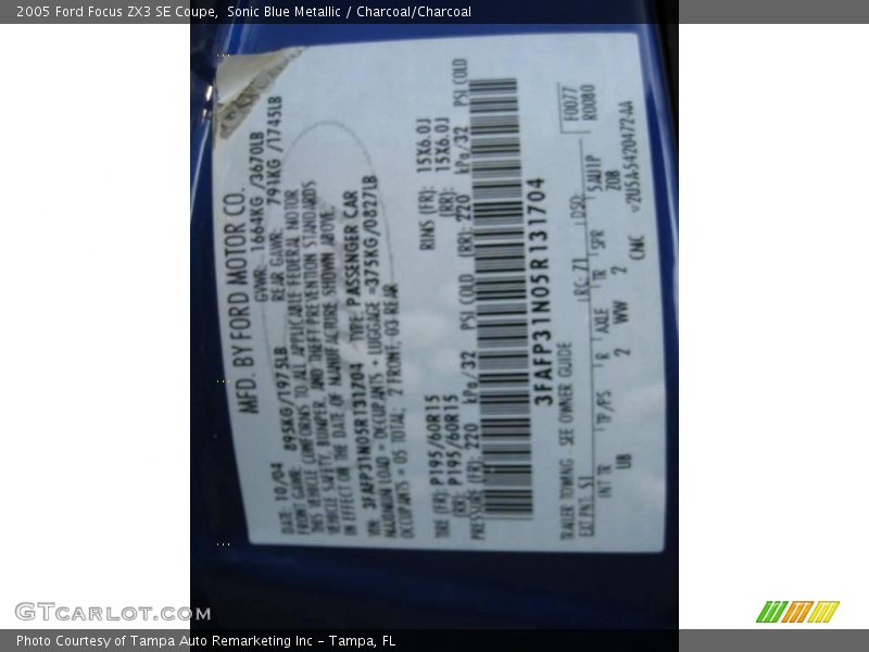 Sonic Blue Metallic / Charcoal/Charcoal 2005 Ford Focus ZX3 SE Coupe