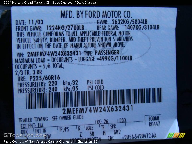 Black Clearcoat / Dark Charcoal 2004 Mercury Grand Marquis GS