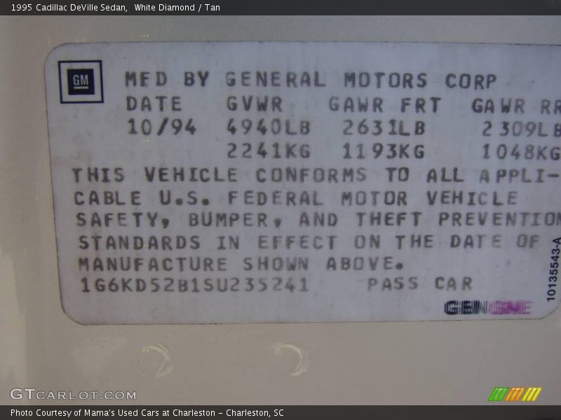White Diamond / Tan 1995 Cadillac DeVille Sedan
