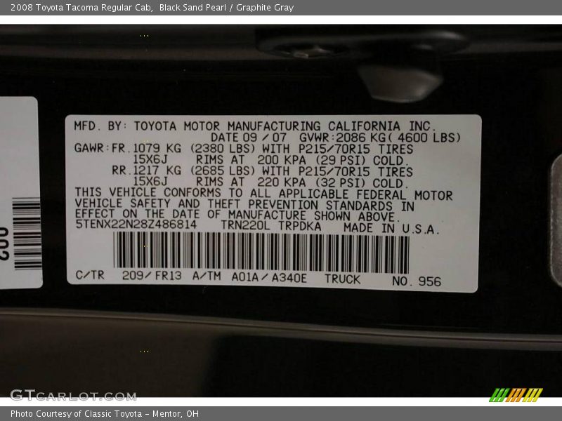 Black Sand Pearl / Graphite Gray 2008 Toyota Tacoma Regular Cab