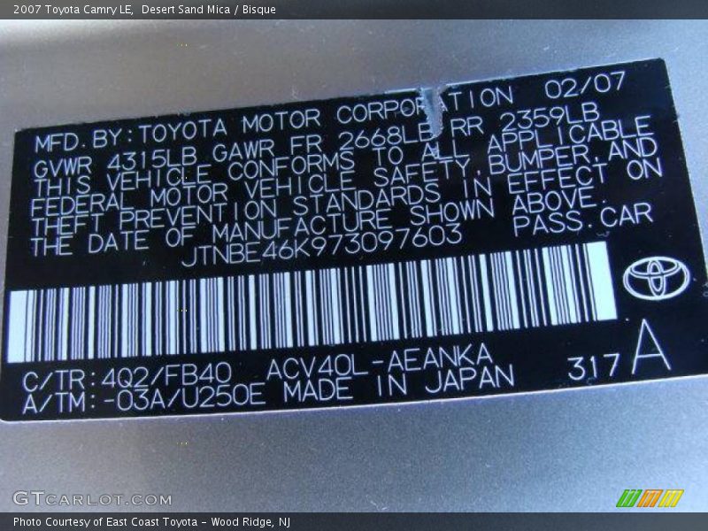 Desert Sand Mica / Bisque 2007 Toyota Camry LE