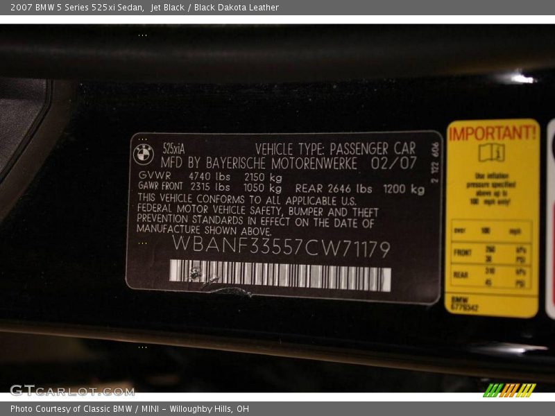 Jet Black / Black Dakota Leather 2007 BMW 5 Series 525xi Sedan
