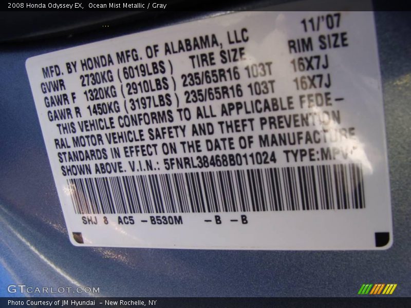 Ocean Mist Metallic / Gray 2008 Honda Odyssey EX