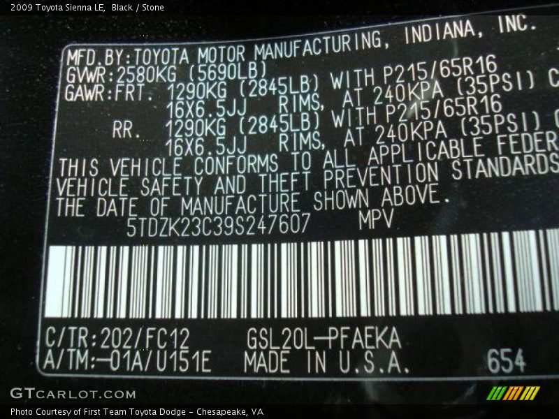 Black / Stone 2009 Toyota Sienna LE