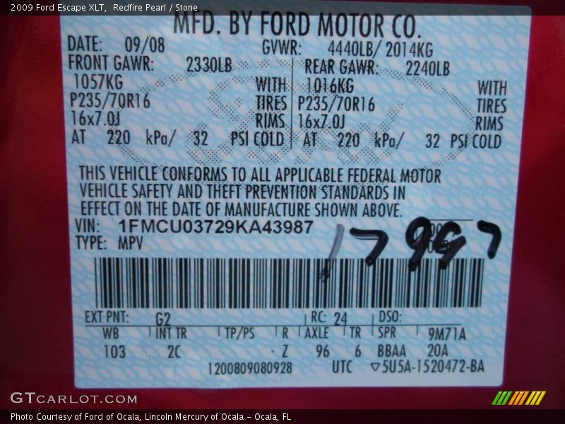 2009 Escape XLT Redfire Pearl Color Code G2