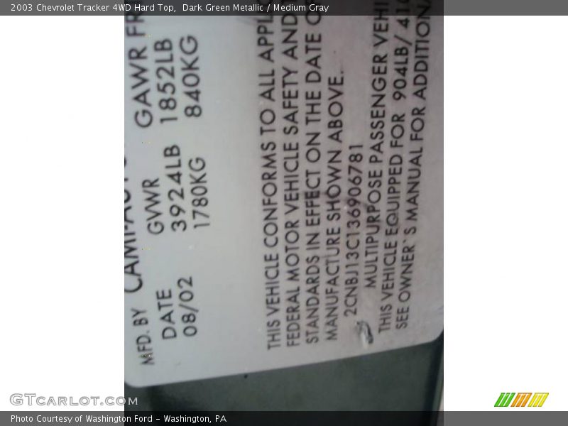 Dark Green Metallic / Medium Gray 2003 Chevrolet Tracker 4WD Hard Top
