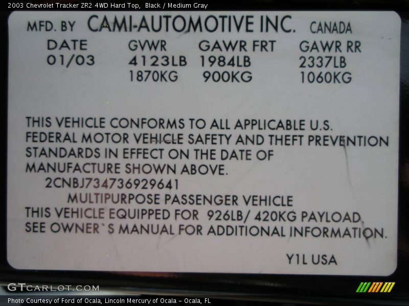 Black / Medium Gray 2003 Chevrolet Tracker ZR2 4WD Hard Top