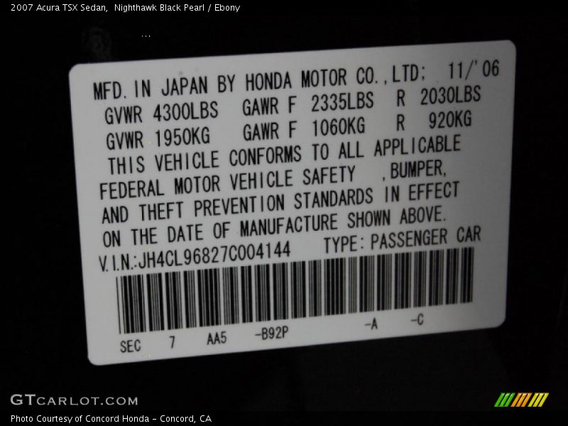 Nighthawk Black Pearl / Ebony 2007 Acura TSX Sedan