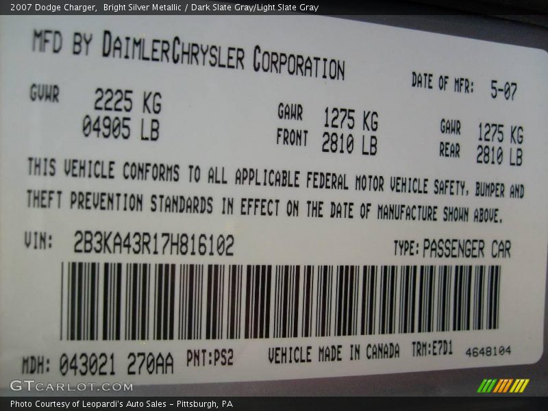 Bright Silver Metallic / Dark Slate Gray/Light Slate Gray 2007 Dodge Charger