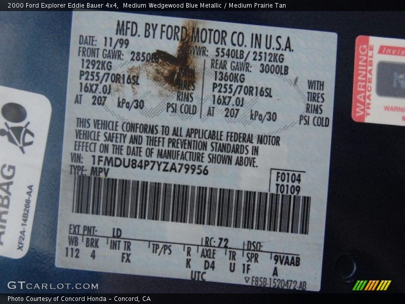 Medium Wedgewood Blue Metallic / Medium Prairie Tan 2000 Ford Explorer Eddie Bauer 4x4