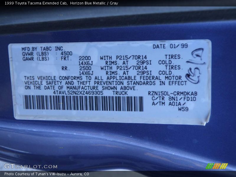 Horizon Blue Metallic / Gray 1999 Toyota Tacoma Extended Cab