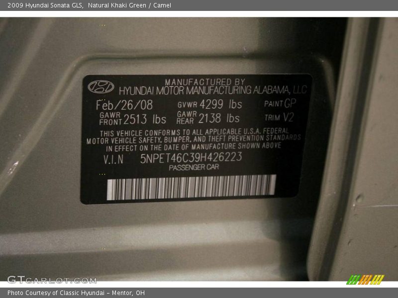 Natural Khaki Green / Camel 2009 Hyundai Sonata GLS