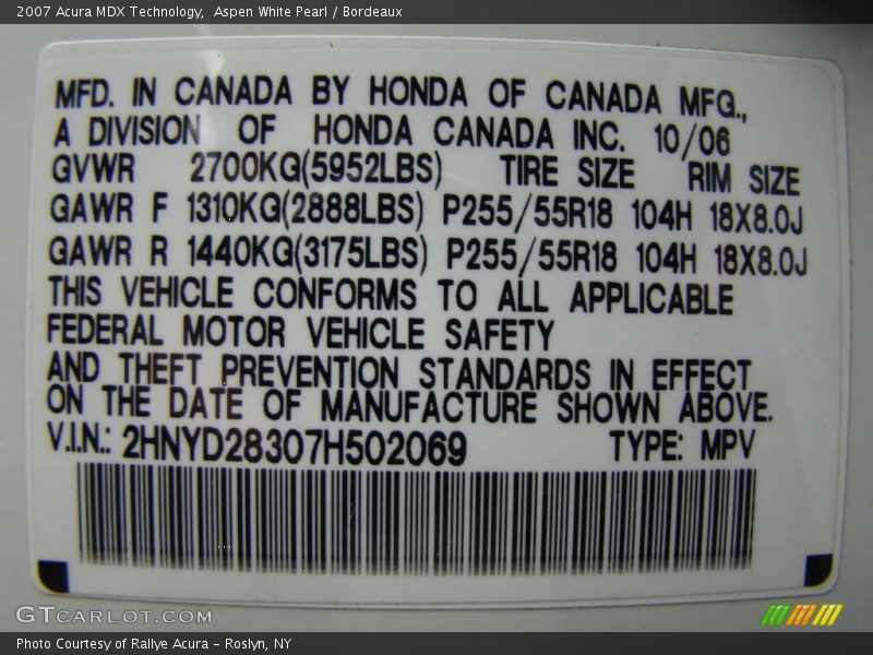 Aspen White Pearl / Bordeaux 2007 Acura MDX Technology