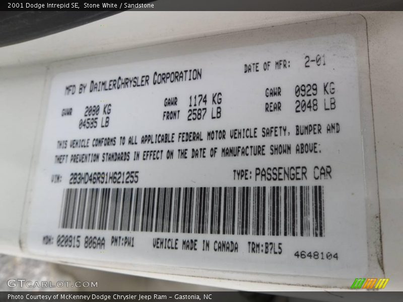 Stone White / Sandstone 2001 Dodge Intrepid SE